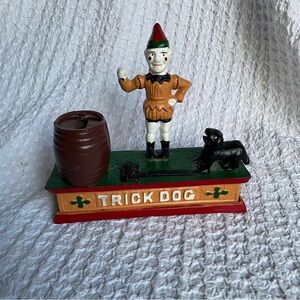 Vintage Cast Iron coin bank trick dog circus clown mechanical working coin bank